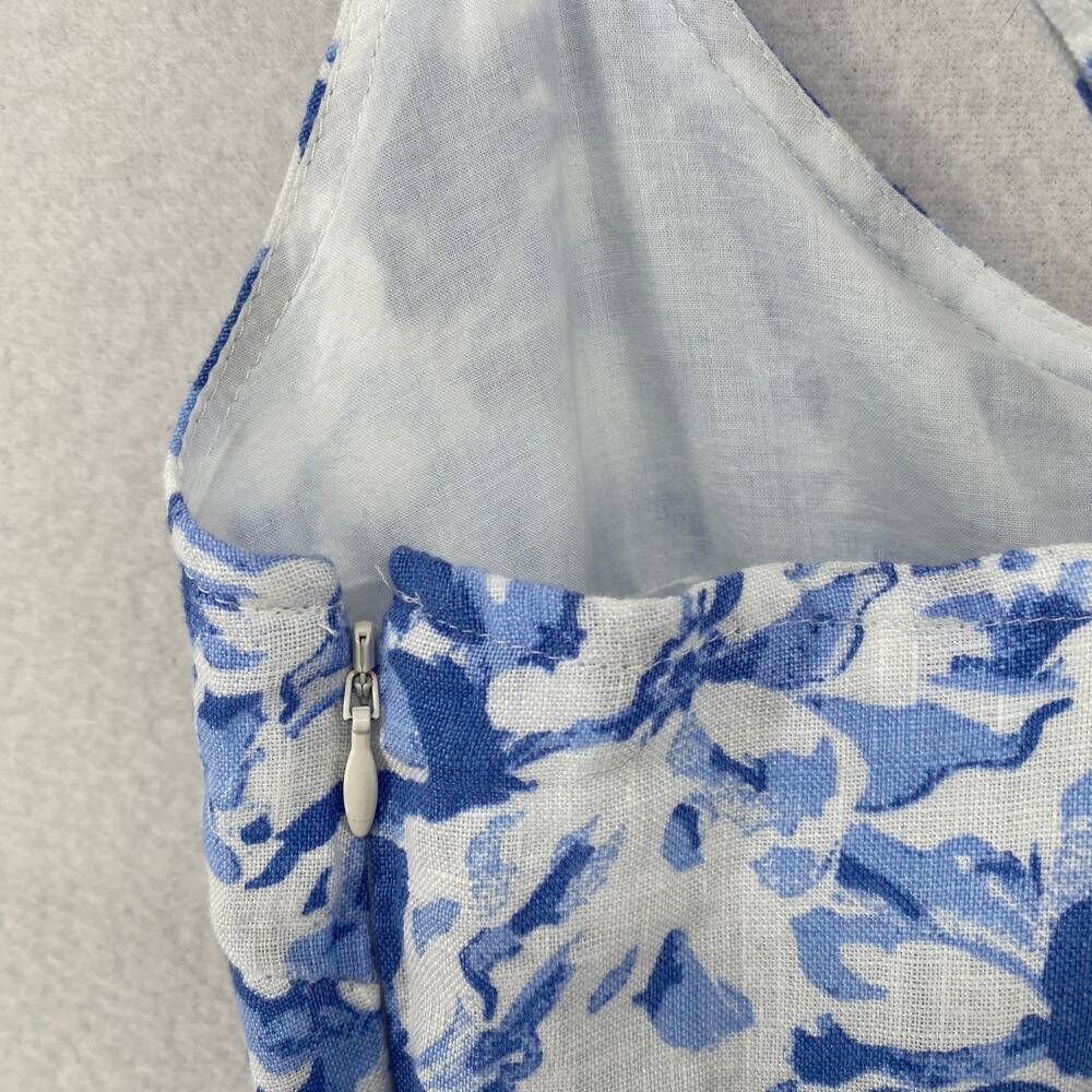 QUINCE Dress M Linen Scoop Neck Midi Sleeveless Floral Smocked Back Blue NEW - Picture 7 of 16